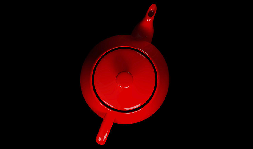 An overhead photo of a red teapot on a black background.